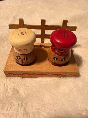 Hand-Painted Wooden Salt & Pepper Set in Cream and Red
